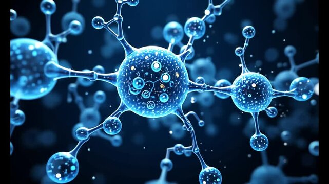 Scientific visualization of zinc molecules, atomic bonds, glowing in a soft and calming blue hue, in a dark and mysterious scientific background, decorated with subtle futurism. 4k video