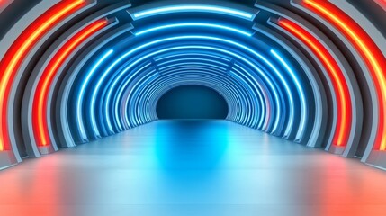 Obraz premium Neon Tunnel Abstract Background - Futuristic tunnel with vibrant red and blue neon lights, perfect for technology, science fiction, or abstract designs.