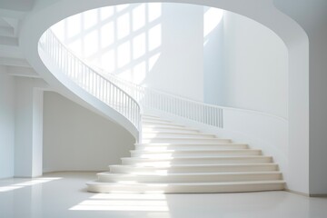 Obraz premium Stairway to Serenity: An Interior Staircase with White Architecture Leading Up to a Bright Light
