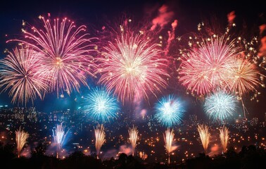 Colorful Fireworks Display Lighting Up the Night Sky Over a Cityscape with Vibrant Bursts of Color and Sparkling Effects in an Urban Celebration