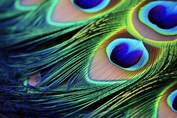 Fototapeta premium Stunning Close-Up of Peacock Feather in Teal, Blue, Green, and Purple Colors. Captured in San Antonio, Texas, US for Colorful Designs