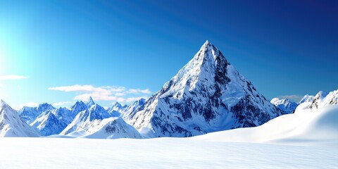Isolated snowy mountain peak reaching toward a pristine blue sky, evoking tranquility and isolation