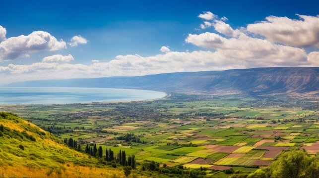 Stunning Galilee Landscape: A Breathtaking Panorama of Israel's Lake and Golan Heights from the Mount of Beatitudes