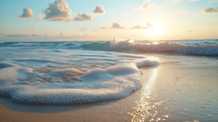 Soft Waves on Sandy Beach at Sunset