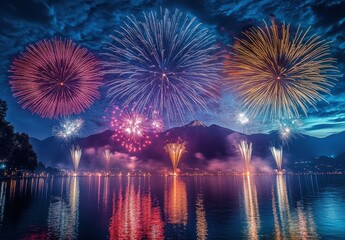 Colorful Fireworks Display Over Lake and Mountains Reflecting in Water During Night Celebration with Vibrant Lights and Scenic Landscape