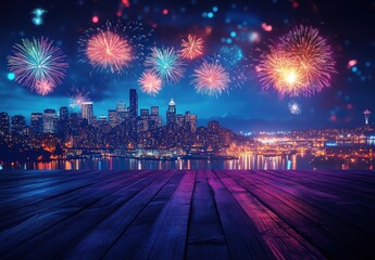 Colorful Fireworks Display Over Modern City Skyline at Night with Vibrant Lights and Reflections on Calm Water Surface