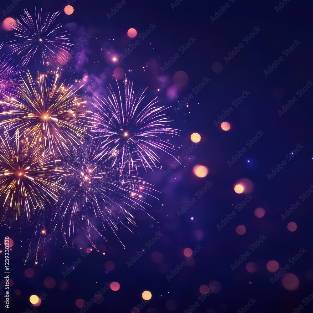 Aufkleber colorful fireworks exploding in night sky with bright sparkles and blurry bokeh background capturing