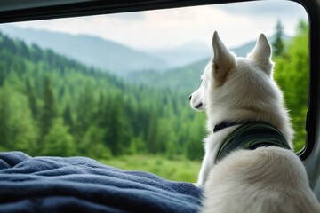 Husky Dog Van Life Mountain View - A white husky dog sits in a van, gazing at a scenic mountain forest view.  Freedom, adventure, travel, companionship, nature.