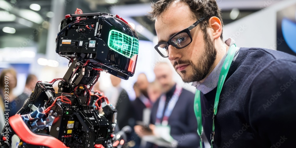 Poster high-tech robotics conference with professionals discussing the future of automation