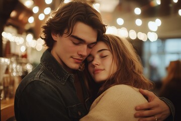 A young couple embracing warmly in a cozy coffee shop with soft glowing lights, eyes closed, expressing deep love and comfort