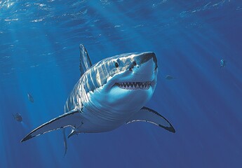 Fototapeta premium Majestic Great White Shark Swimming in Ocean Blue Waters