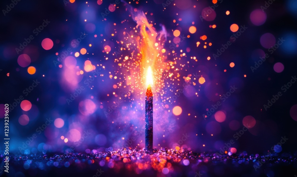 Poster colorful sparkler with vibrant flames and shimmering bokeh lights in a dark background capturing the