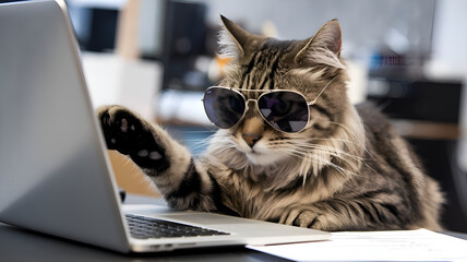 A White Cat Wearing Sunglasses On Vacation, Watching Laptop HD wallpaper