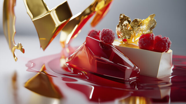 An architectural masterpiece of fusion desserts, meticulously arranged with geometric precision on a sleek, neutral-toned plate. Gold leaf accents and dramatic lighting add luxury.