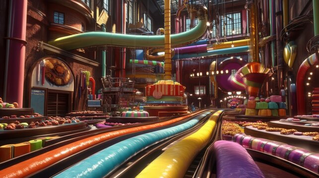 Whimsical Candy Factory Interior with Colorful Pipes and Conveyor Belts full of treats