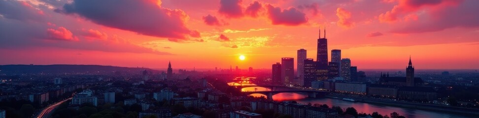 Fototapeta premium Vibrant sunset colors over Frankfurt's towers, german, architecture