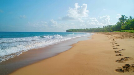 Fototapeta premium Serene Tropical Beach with Gentle Waves and Lush Green Landscape