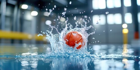 Action shot of water polo match fierce competition splashing water poolside