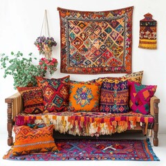 Colorful Bohemian Living Room Decor with Vibrant Textiles and Pillows