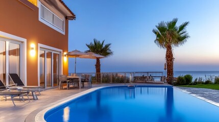 Fototapeta premium Luxurious Beachfront Villa with Private Pool - Stunning sunset view of a modern beachfront villa featuring a private pool, patio furniture, and lush palm trees.