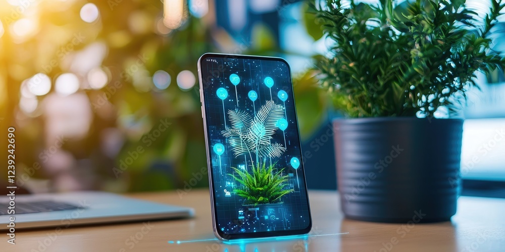 Poster a smartphone on a desk with augmented reality mobile app visuals projected around it, emphasizing fu