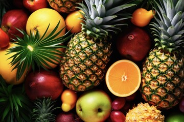 Top View of Colorful Ripe Tropical Fruits on Fresh Background - Pineapple, Mango, Banana, Papaya, and more