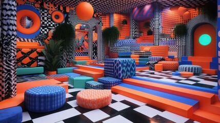 Psychedelic lounge interior design, vibrant 3D render