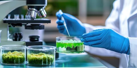 Researcher analyzing bacterial samples, with lab equipment and bacterial cultures displayed prominently in a well-organized workspace