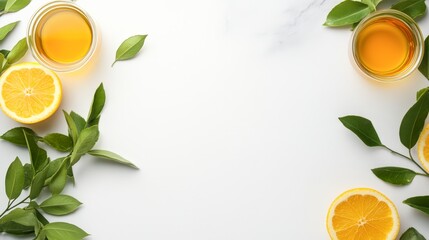 Bright and fresh composition featuring citrus slices and green leaves surrounding two glass jars of liquid, Ideal for health, wellness, or culinary themes in marketing materials and recipes,