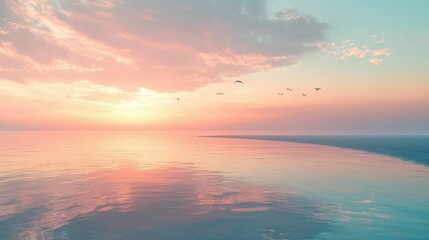 Fototapeta premium Serene Sunset Over Calm Waters with Soft Pastel Sky and Flying Birds