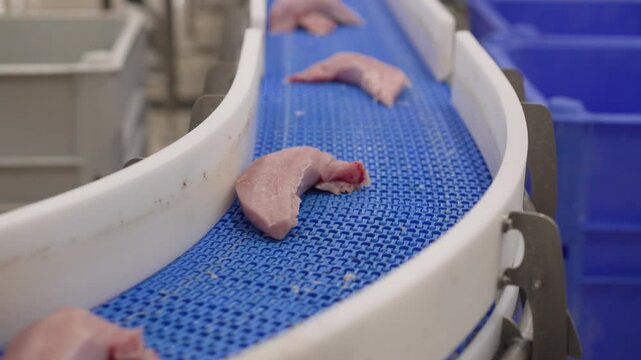 Chicken fillets moving along conveyor belts and whole chickens hanging from hooks in a poultry processing factory