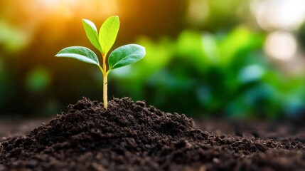A small sprout emerges from rich soil, symbolizing growth and renewal in a serene environment, Ideal for topics related to sustainability, gardening, and nature-focused projects,