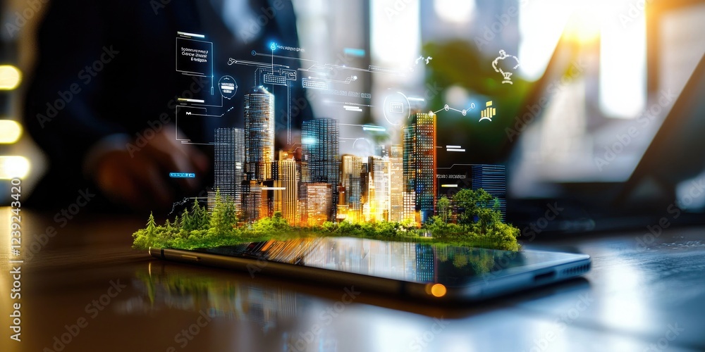 Aufkleber A smartphone on a desk with augmented reality mobile app visuals projected around it, emphasizing futuristic user interactions