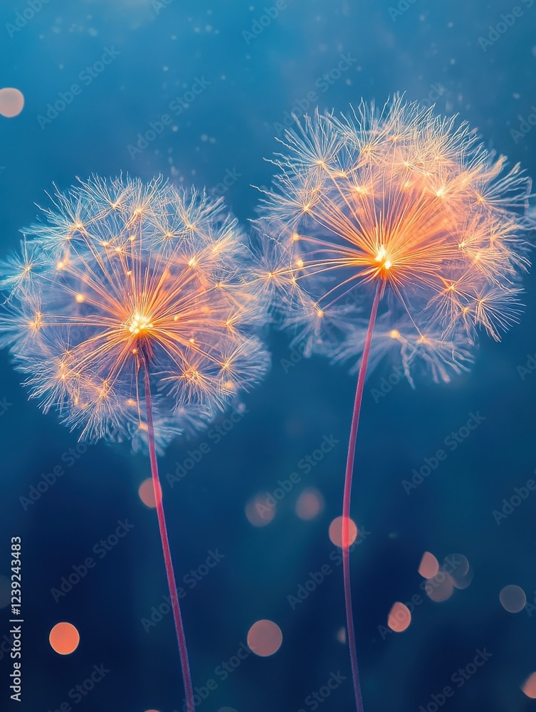 Poster delicate dandelion flowers glowing in soft blue background with bokeh lights creating an enchanting 