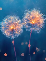 Obraz premium Delicate dandelion flowers glowing in soft blue background with bokeh lights creating an enchanting atmosphere of nature and tranquility