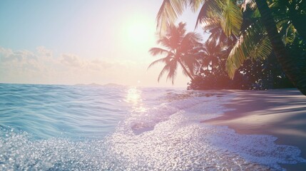 Serene Tropical Landscape with Palm Trees and Gentle Ocean Waves