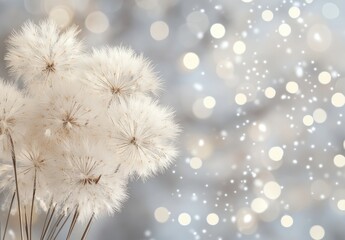 Obraz premium Delicate Dandelion Seeds on Soft Blue Background with Gentle Bokeh Effect and Light Sparkles Capturing Serenity and Nature's Beauty in Springtime