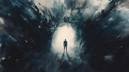 Obraz premium A solitary figure stands before a bright light at the end of a dark tunnel