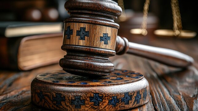 Ornate Wooden Gavel Rests on Sound Block