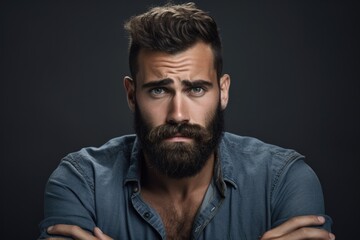 Fototapeta premium Uncertain Young Bearded Man Struggling with Messy Beard and Moustache, Unsatisfied with Attractive Barber Background