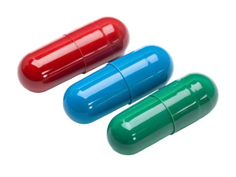 Three capsules of different colors ,red, green, blue  on white background. PNG transparent.


