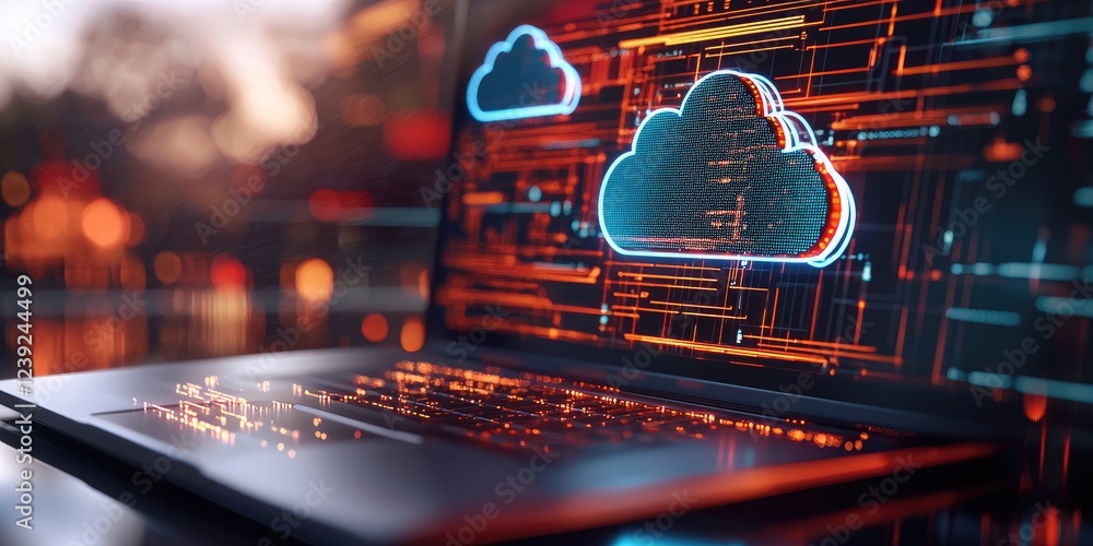 Aufkleber innovative cloud storage solutions visualized with diverse data icons and a sleek laptop