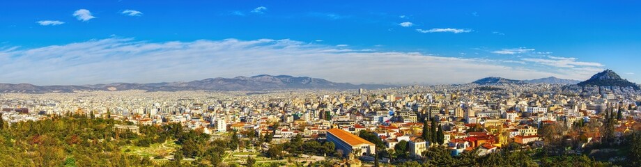 Fototapeta premium Panorama of Athens. Skyline of Athens city center. Cityscape of historical town of Athens with old and modern Greek houses. Travel concept.