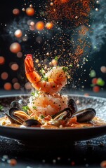 Steaming hot seafood stew with falling spices and shrimp
