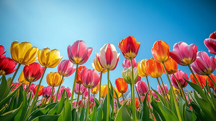 A field of blooming tulips in various colors, stretching into the distance under a bright, clear blue sky