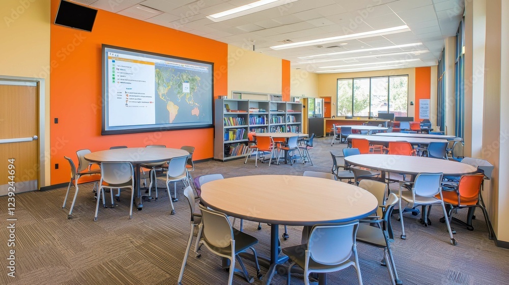 Poster modern classroom with round tables and colorful chairs for learning