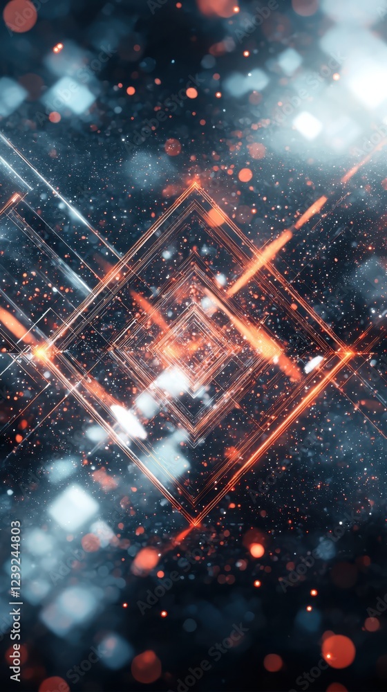 Poster exploring futuristic technology through geometric shapes and digital patterns in a gigapixel environ