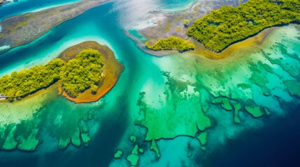 Fototapeta premium Up High Aerial Photo of Beautiful and Colorful Biscayne Bay, Miami Florida. Incredible Shallow Water, Reef and Island View From Drone