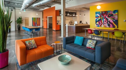 Bright and Modern Office Interior with Colorful Decor and Furniture