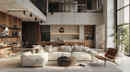 Modern Elegant Living Room with Open Kitchen and Cozy Atmosphere